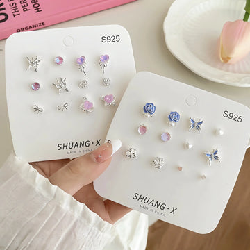 DAIIIBABYYY  -   Girls Y2K Sweet Butterfly Pink Heart Rhinestone Flower Stud Earrings Set Korean Fashion Women Bow Floral Earring Jewelry